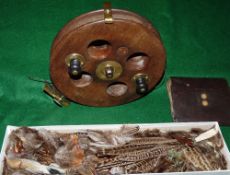 REEL & ACCESSORIES: Rare Southcotts Patent 9" mahogany and brass Scarborough pattern reel, 4 large