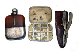 ACCESSORIES: (3) Pewter and leather hip flask, impressed "JD & S" to top collar, 7/16's PF