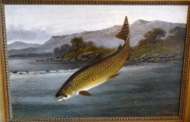 PAINTING: A. Rowland Knight, ,original oil on canvas, The Leap, trout caught on fly in river