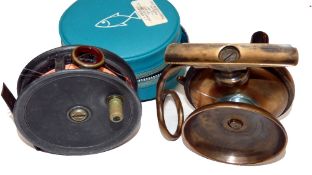 REELS: (2) Early Allcock Gilmore by Young's 3.5" narrow drum dry fly reel, red agate line guide,