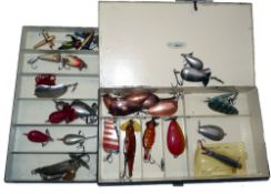 LURES & BOX: Collection of vintage fishing lures incl. John Chaytor of Coventry leather eel tail