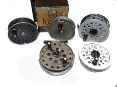 REELS & SPARE SPOOL: (5) JW Young Condex 3.25" alloy trout fly reel, grey bobble finish, fine, in