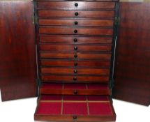 CABINET: Fine mahogany vintage specimen cabinet with hinged front doors, lock and key, opening to