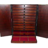 CABINET: Fine mahogany vintage specimen cabinet with hinged front doors, lock and key, opening to