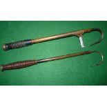 GAFFS: (2) Early single draw Victorian brass extending gaff, turned wood handle, steel point, oval