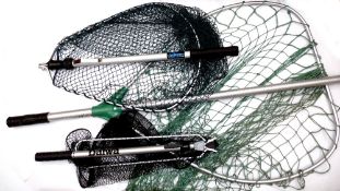 LANDING NETS: (3) Daiwa German made alloy folding trout landing net, twist extending handle, a