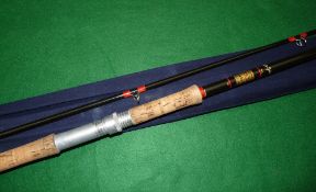 ROD: Scarce late Hardy Fibalite Spinning rod in black, 10' 2 piece hollow glass, red whipped low