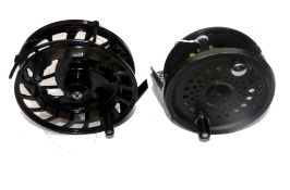 REELS: (2) Leeda Magnum 200D bar stock alloy salmon fly reel, 4" diameter, backplate disc regulator,