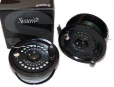 REEL & SPOOL: (2) System Two 12/13 Barstock alloy salmon fly reel, backplate disc check adjuster,