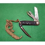 HUNTING KNIFE: Wostenholm of Sheffield early pocket knife, 2 blades plus spike, cross hatched side