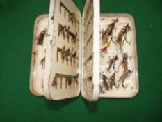 FLY BOX & FLIES: Early Hardy black japanned deep salmon fly box with 2 hinged internal double