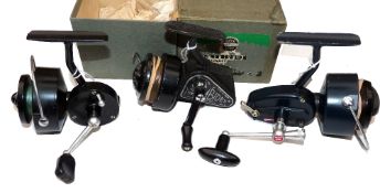 REELS: (3) JW Young Ambidex No.2 casting reel, black crackle finish, half bail arm, fine, in MOB,