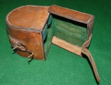 REEL CASE: Vintage D shaped block leather reel case, original strap/buckle, green baize lined