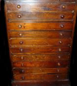 SPECIMEN CABINET: A fine mahogany wood stained specimen collectors cabinet, 10 slide out drawers