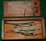 LURES: (5) Five early Sole Skin Sand Eel style baits in sizes 2"-4", original barbed hooks to gut