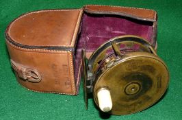 REEL & CASE: Fine Hardy all brass Perfect fly reel, rarely seen 3.5" diameter, white handle, Rod