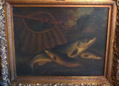 PAINTING: A. Rowland Knight Salmon & Trout, original oil on canvas, bankside scene with creel and
