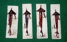 LURES: (4) Four early Famed Phantom minnows on makers' original cards incl. one with Gamage,