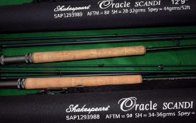 RODS: (2) Pair of Shakespeare Oracle Scandi 4 piece carbon salmon fly rods, 13'9", line rate 9, 12'