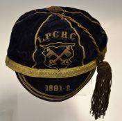 1891 Leeds Parish Church Rugby Cap - dark blue six panel b]velvet cap with gold braid tassel and