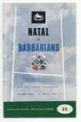 1969 Natal vs Barbarians (UK) rugby programme - played at Kings Park Durban Wednesday 14th May