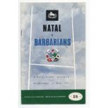 1969 Natal vs Barbarians (UK) rugby programme - played at Kings Park Durban Wednesday 14th May