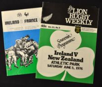 1976 New Zealand v Ireland rugby programme - played at The Athletic Park Wellington New Zealand on