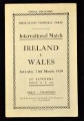 1939 Ireland (Runners-up) vs Wales rugby programme -played at Ravenhill 11th March single folded
