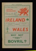 1938 Wales v Ireland rugby programme - played St Helen's Ground Swansea on 12th March very light