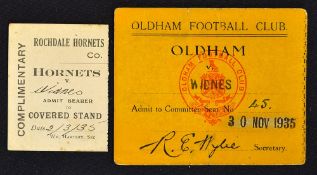 2x 1935 Widnes Rugby league match tickets (A) to incl v Oldham dated 30 November 1935, v Rochdale