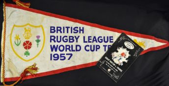 1957 Large and Official British Rugby League World Cup Team pennant and programme - property of