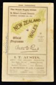 Rare 1924 Wales v New Zealand All Blacks Invincibles rugby signed programme - played at St. Helen'