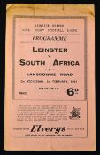 Scarce 1961 Leinster v South Africa rugby programme played at Lansdowne Road on Wednesday 1st