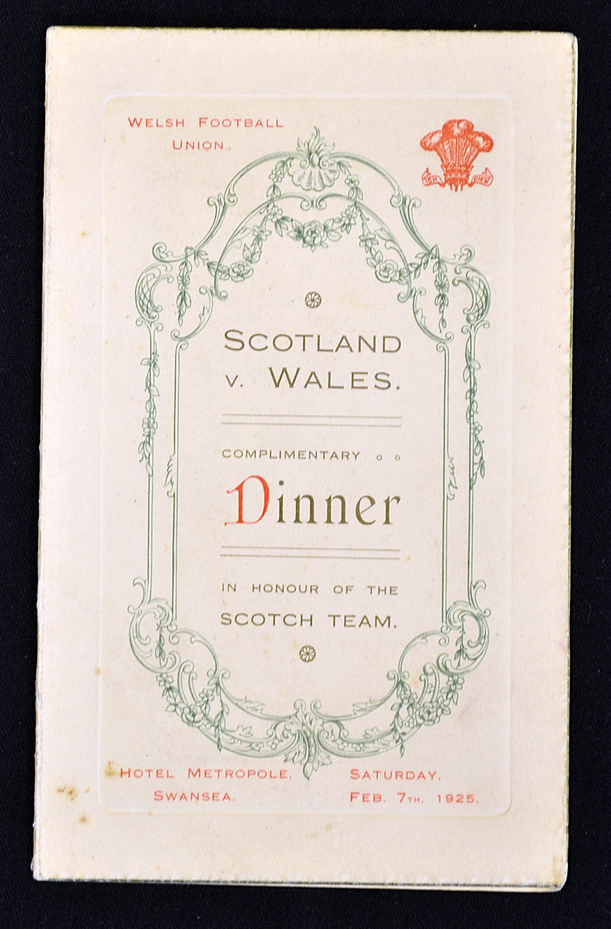 Scarce 1925 Wales v Scotland (Grand Slam Champions) rugby dinner menu - held at Hotel Metropole