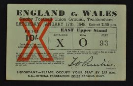 1948 England v Wales rugby ticket -played at Twickenham on Saturday 17th January some slight