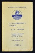 Dinner Menu dated 28 November 1949 for fixture v AIK Sweden held at the Trocadero Restaurant,