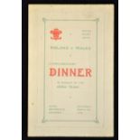 1938 Wales (Runners-up) v Ireland rugby dinner menu - held at Hotel Metropole Swansea on 12th March,
