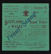 1932 Wales v Scotland rugby ticket -played at Cardiff Arms Park on Saturday 7 February white label