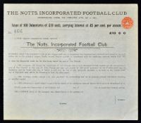 1920 The Notts Incorporated Football Club Debenture Certificate no466, printed in good clean