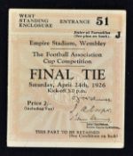 1926 FA Cup Final Match Ticket for the West Standing Enclosure, entrance 51, turnstile J, price