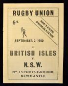 Rare 1950 British Lions vs New South Wales rugby programme played in Newcastle on 2nd September