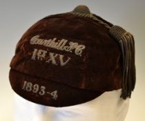 Early 1893/94 Courthill F.C 1st XV rugby cap - dark burgundy 6 panel velvet cap with gold braid