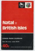 1974 British Lions v Natal rugby programme played at Kings Park Durban on Saturday 20 July with