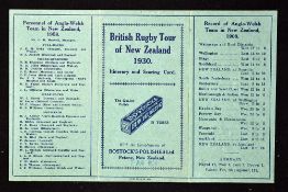 Scarce 1930 British Rugby Tour of New Zealand itinerary card to incl details of the British team,