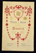 Scarce 1910 Wales (Runners-up) v France rugby dinner menu - held at The Royal Hotel Swansea on 1st