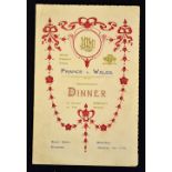 Scarce 1910 Wales (Runners-up) v France rugby dinner menu - held at The Royal Hotel Swansea on 1st