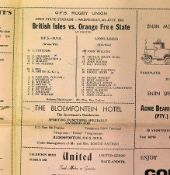 Scarce 1962 British Lions v Orange Free State rugby programme - official O.F.S with handwritten