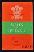 1957 Wales (Runners-up) v Ireland signed rugby programme - signed by both teams to incl 15x Wales