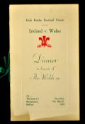 1929 Ireland v Wales (Runners-up) rugby dinner menu -held at Thompsons Restaurant Belfast on 9th