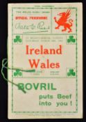 1934 Wales (Runners-up) v Ireland rugby programme - played at St Helens Swansea on Saturday 10th